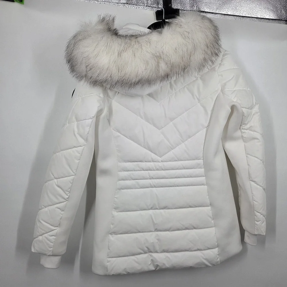 Michael Kors Puffer Jacket Detachable Hood MK White Faux Fur Trim M Quilted